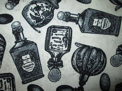 WICKED MAGIC POTIONS SPELLS BOTTLES BLACK WHITE COTTON FABRIC FQ - Image 1 of 4