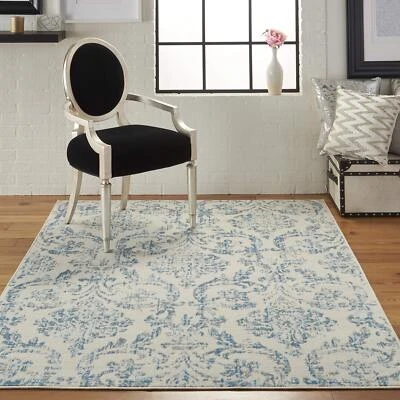 Nourison Jubilant Damask Ivory/Blue 5'3" x 7'3" Area -rug Easy -cleaning Non - Image 1 of 4