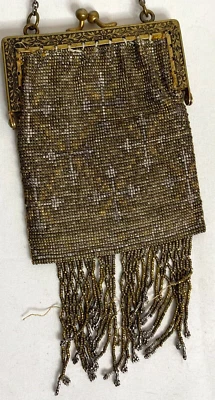 Vintage Beaded Gold Silver Fringe Chain Handle Cocktail Purse Art Deco Flapper - Image 1 of 4