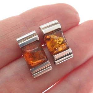 925 Sterling Silver Vintage Real Amber Modernist Earrings - Picture 1 of 7