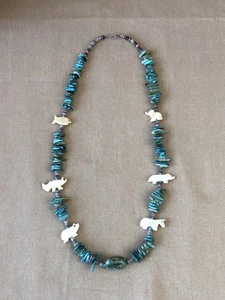 VTG Santo Domingo Heishi Turquoise & Shell With Animal Fetish Necklace 27.75” - Picture 1 of 12