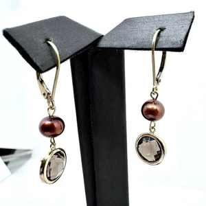 14K 585 Yellow Gold 2.6G Brown Stone Drop Dangle Earrings! (WMP014048) - Picture 1 of 11