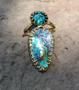 Paua shell & Green Faceted Stone Brass Artisan Hand Made Ring sz8.25 .A10e - Picture 1 of 9