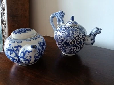 Porcelain Teapot Pair With Floral Cobalt Blue & White Pattern. - Image 1 of 4