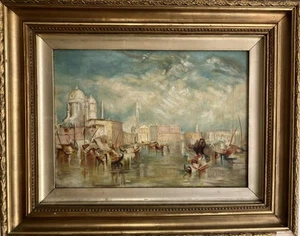 ANTIQUE OIL PAINTING 19th Century Turner School SHIPPING ON A VENICE CANAL - Picture 1 of 11
