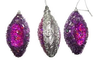 Set of 3 Embellished Purple Sugared Icicle Ornaments 5" Rhinestones Sequins - Picture 1 of 4
