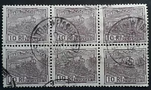 1927 Brazil block of 6 x 10R violet stamps cancelled Salto Weissbach - Bild 1 von 2