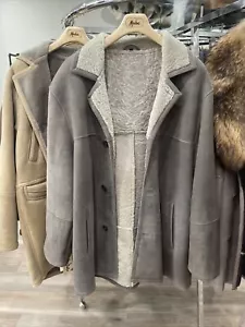 Grey Merino Lamb Suede Shearling Beige Fur Mens Jacket 3XL NWT - Picture 1 of 11