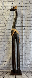 120cm Brown Painted Wood Giraffe Tall Statue Wood Modern Hand Carved Painted - Picture 1 of 11