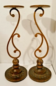 2 Wrought Iron pillar Candle Holder Brown With Marble distressed Vitage Style - Picture 1 of 5