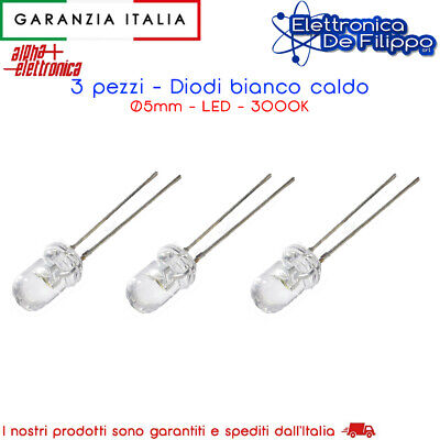 3 Pezzi - DIODO LED BIANCO CALDO DIAMETRO 5MM 3000K 3.2VDC 45 GRADI • 2.07€