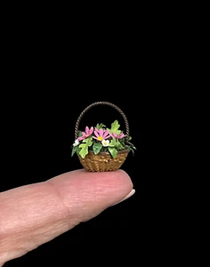 Dollhouse Miniature Woven Basket of Pink & White Paper Flowers Artisan 1:12 - Picture 1 of 6