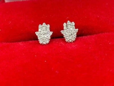 Pendientes Hamsa de oro de 10 quilates genuinos naturales pavé de diamantes 0,10 quilates Foto 1 de 4