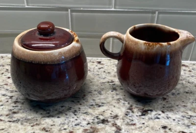 Vintage MCCOY Pottery #7020 Brown Drip Sugar Bowl Lid Creamer Ear Handle USA - Image 1 of 4