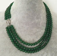 Natural 4 rows 8MM green jade bead necklace 17-20"
