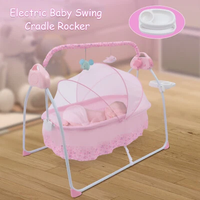 Розовая электрическая складная детская кроватка колыбель синхронизация 5 передач регулировка 95 * 52 см - Изображение 1 из 4