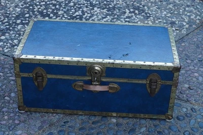 Vintage Blue Steamer Trunk Chest with Metal Trim & Leather Handle, 31x16.5x13 - Image 1 of 4