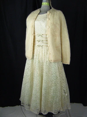 Vtg 60s COLEBROOKS Wool Sweater & Ivory Floral Lace Bow Dress-Bust 35/XS-S,AS-IS - Image 1 of 4