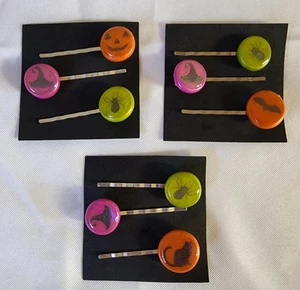 VTG Halloween Hair Pin Clips Bobby Pins Set 9 Cat Witch Hat Bat Pumpkin spider - Picture 1 of 13