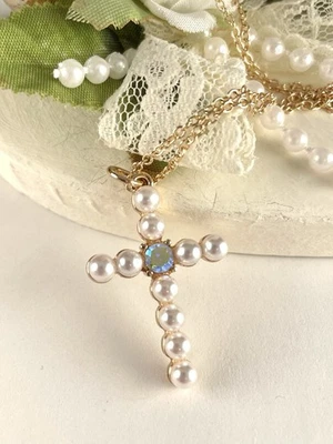 Collar Cruz Perla Oro Estrás para Mujer Artesanal Cristiana Moda Joyería Foto 1 de 4