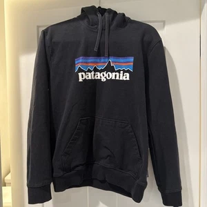 Patagonia Pullover Sweatshirt Hoodie Black Regular Fit P-6 Logo Uprisal Large - Picture 1 of 3