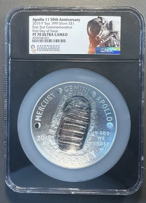 2019-P APOLLO 11TH 50TH ANN. - FIRST DAY NGC PF70 UCAM - .999 SILVER 5oz! - Image 1 of 2
