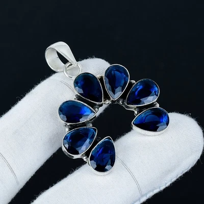 Zaffiro Blu Creato IN Laboratorio Gemma Ciondolo 925 Argento Mano Per Regali - Immagine 1 di 4