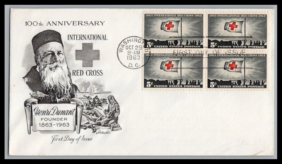 US FDC # 1239 5c Int. Red Cross Artmaster block  1963, 9p2312 - Image 1 of 1
