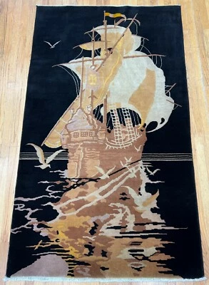 Antique Chinese Art Deco Sailing Boat Hand Knotted Wool Black Oriental Rug4'x7' - Image 1 of 4