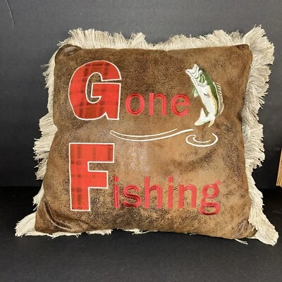 Gone Fishing Pillow Bass Pro Shops 16" x 16" Brown w/ Fringe Man Cave Decor - Image 1 of 4