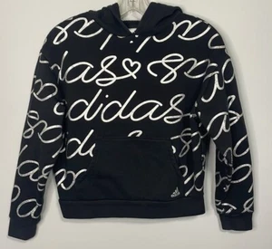 ADIDAS Big Girls Script Fleece Hoodie Pullover Black/ Silver Size L - Picture 1 of 5