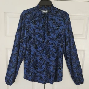 Lands End Womens Sz L (14-16) Knit Long Sleeve Ruffle Neck Top Blue Black Floral - Picture 1 of 7