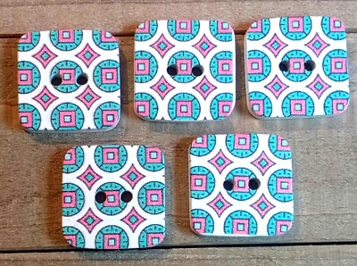5 Colorful Design Sewing Buttons Crafting Square Wood 2 Hole 1"  - Image 1 of 2