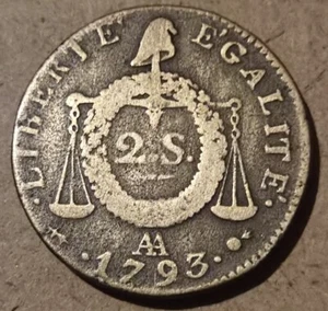 France - Convention (1792-1795) - 2 sols aux balances 1793 AA (Metz) - Imagen 1 de 2