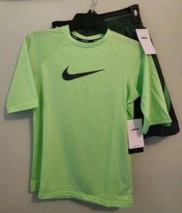 Nike Boys LARGE Half Sleeve Rash Guard & Swim Trunks Set Neon Green Black #OW25 - Picture 1 of 7