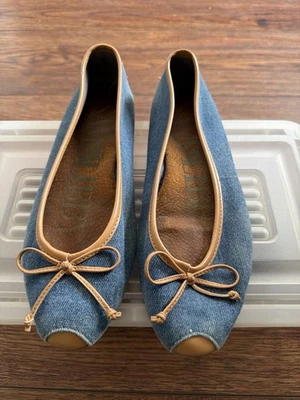 Sapatilhas femininas vintage Sam & Libby denim balé 7 azul bronzeado acabamento sola de couro - Imagem 1 de 3