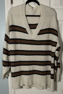 American Eagle Outfitters cremefarbener Pullover mit V-Ausschnitt und braun/schwarzen Streifen, Large - Bild 1 von 7