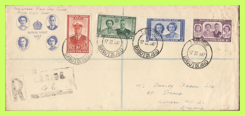Basutoland 1947 Royal Visit set on registered First Day Cover - Image 1 of 1