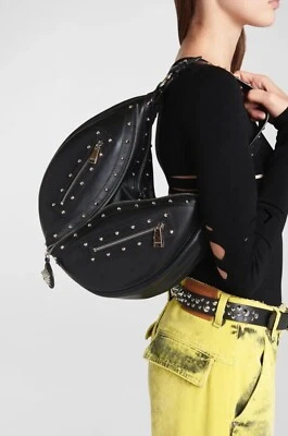 $2,575  Versace Studded Leather REPEAT Medium HOBO Crossbody Purse Bag in BLACK - Image 1 of 4