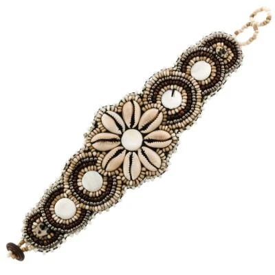 Pulsera de cuentas de semillas de vidrio beige cobre peltre madreperla concha de vaca Foto 1 de 2