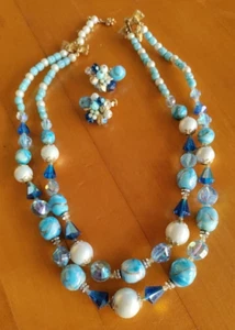 RARE VTG Signed Vendome Blue Beaded Pearl Double Strand Necklace Earrings 1950's - Picture 1 of 1