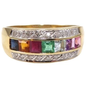 Solid 18K Yellow Gold Multi Color Gemstone 0.10 TCW Natural Diamond Ring Size 11 - Picture 1 of 6