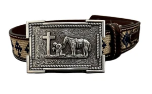 3D Belt Co. Youth boy's AZTEC BELT w/ PRAYING COWBOY BELT BUCKLE in 6 SIZES! - Picture 1 of 2