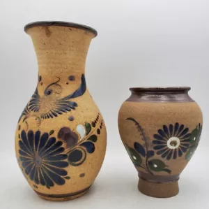 Set  2 Tonala Stoneware Vases Floral Birds Motifs Cobalt Blue Signed Mexico  - Picture 1 of 7
