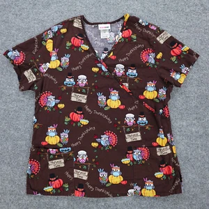 Scrubstar Scrub Top Womens Large Brown Autumn Harvest Thanksgiving Owl Print - Picture 1 of 14