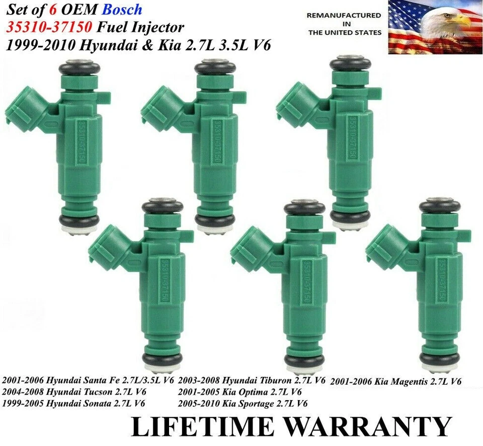 Set of 6 OEM Bosch Fuel Injectors For 1999-2010 Kia Hyundai V6 2.7/.5L - Image 1 of 1