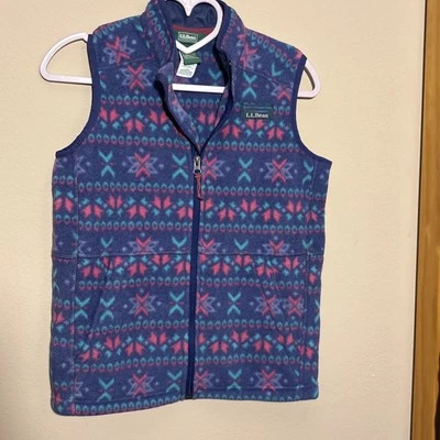 LL Bean Girl's Fleece Purple Fair Isle Print Full Zip Pockets Vest Medium 10-12 - Image 1 of 4
