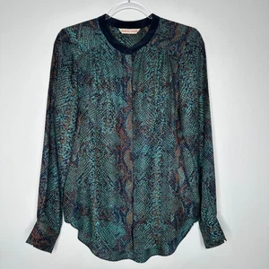 Rebecca Taylor Python Snake Print Silk Blouse Womens Sz 8 Green Blue Button up - Picture 1 of 13