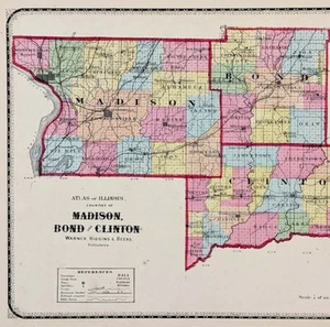 1871 ILLINOIS County Map MADISON BOND CLINTON ORIGINAL (16X13) - Picture 1 of 4