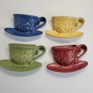 Set Of 4  Vintage Ceramic Basketweave Cups Mugs Wall Pockets Cafe Decor ASP 2004 - Picture 1 of 10